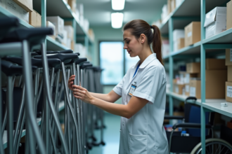 Infirmière inspectant du matériel médical dans un stock