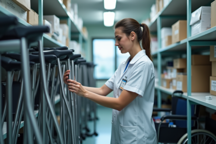 Infirmière inspectant du matériel médical dans un stock