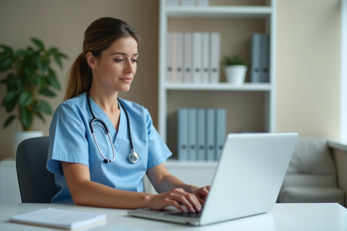Infirmière utilisant NETSoins sur un ordinateur portable dans un bureau médical organisé