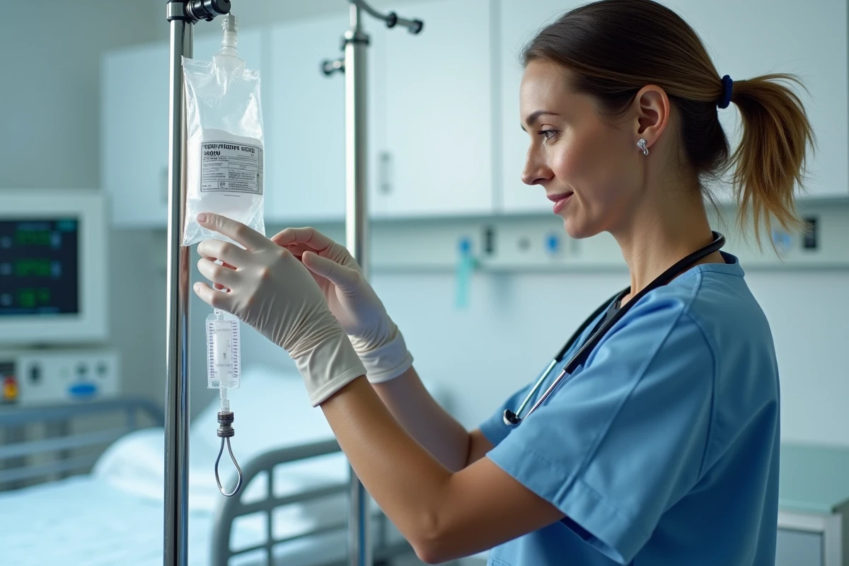 Infirmière ajustant une perfusion de fer intraveineuse dans une salle de soins hospitalière