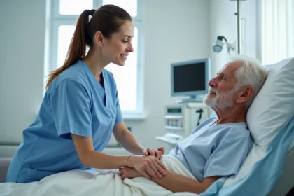 Infirmière soignante rassurante avec patient âgé en milieu hospitalier