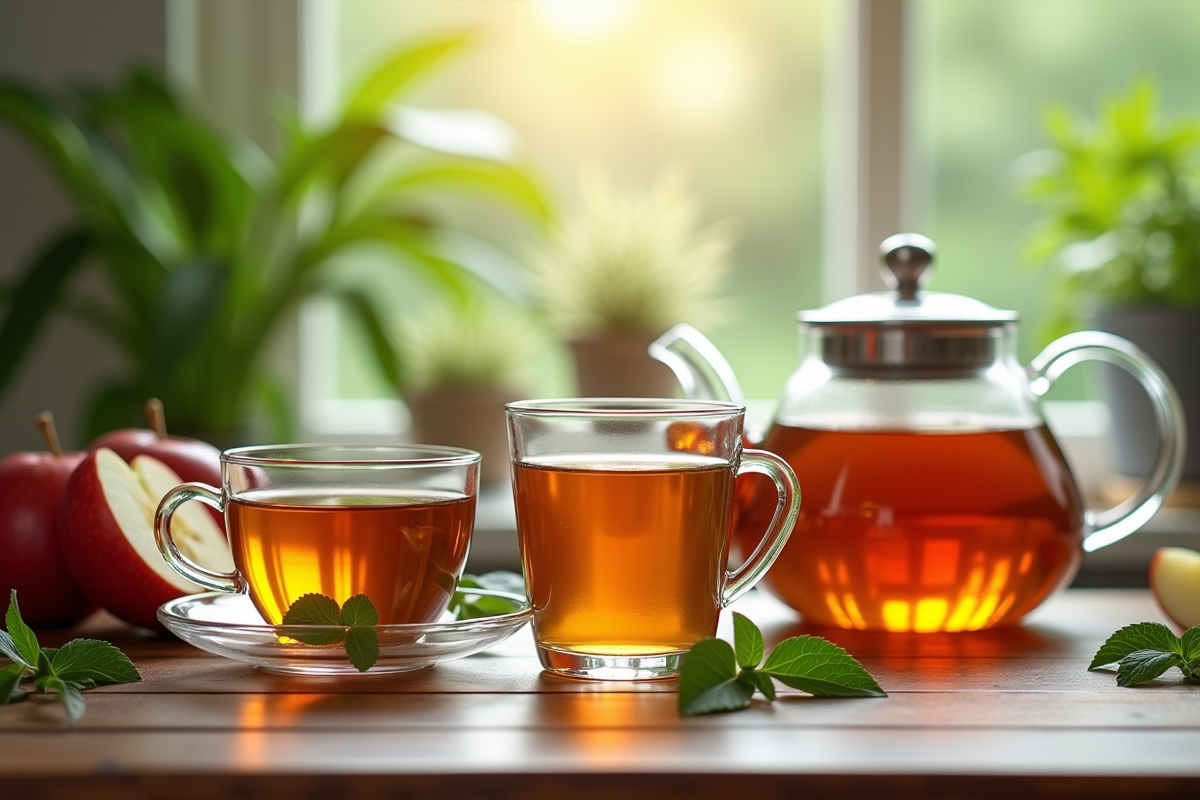 Infusions de tisanes dans une cuisine lumineuse avec plantes vertes