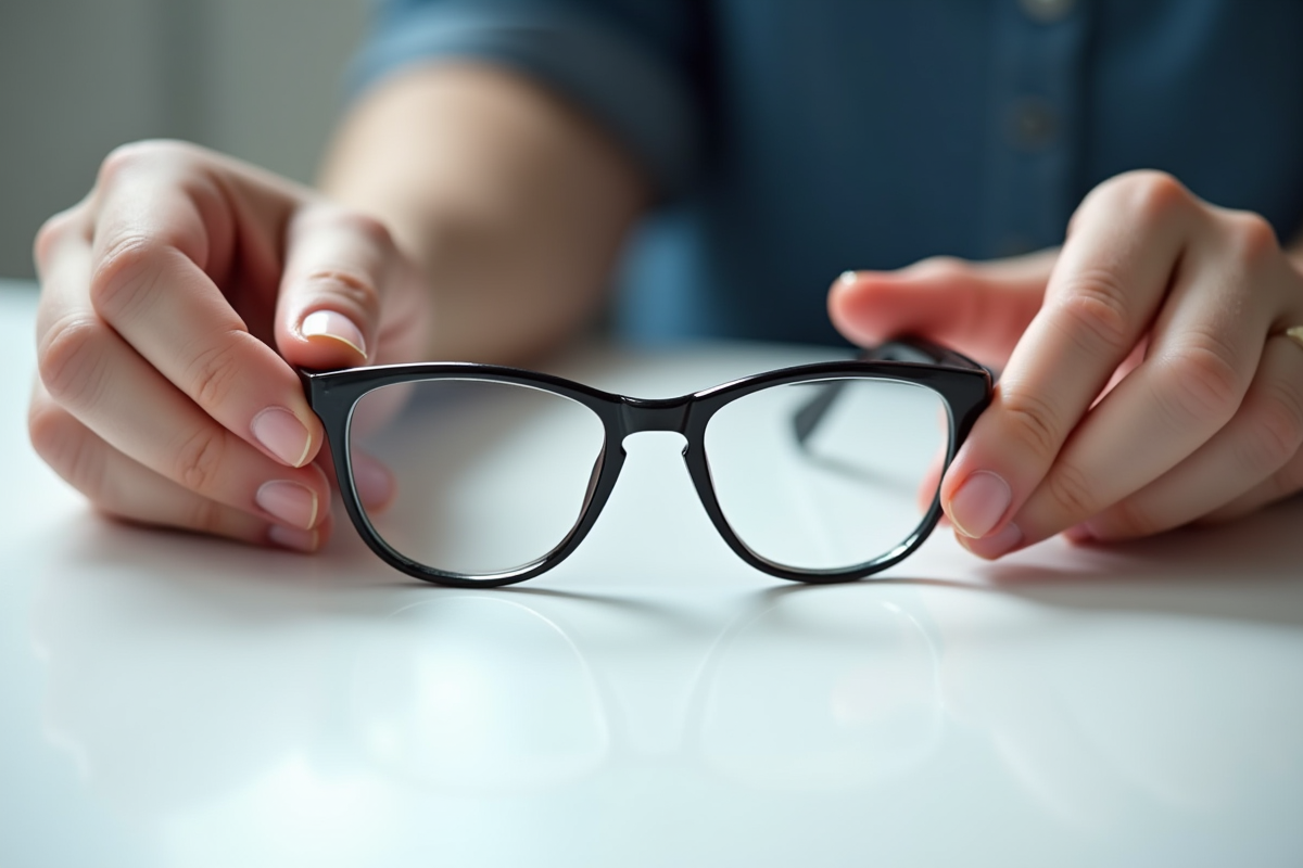 Mains inspectant des lunettes sur un plan blanc