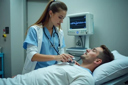 Interne en médecine auscultant le foyer aortique d'un patient en salle de cardiologie