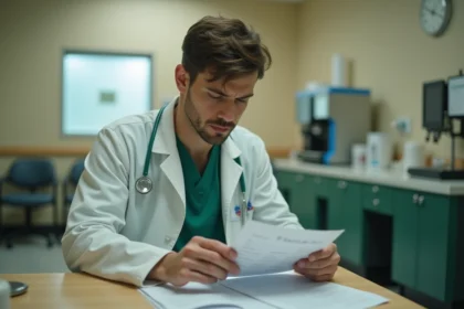 Interne en chirurgie consultant ses fiches de salaire dans une salle de pause hospitalière