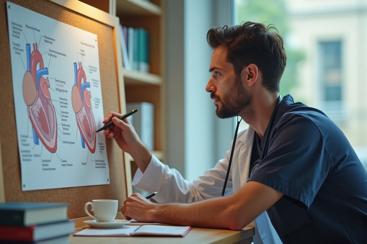 Interne en cardiologie étudiant les foyers d'auscultation cardiaque sur un schéma anatomique