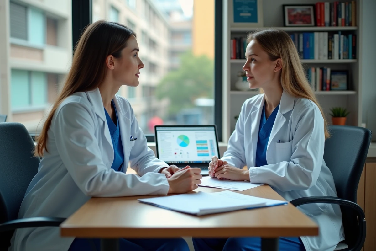 Deux jeunes médecins en internat discutant des perspectives salariales en chirurgie dans un bureau hospitalier