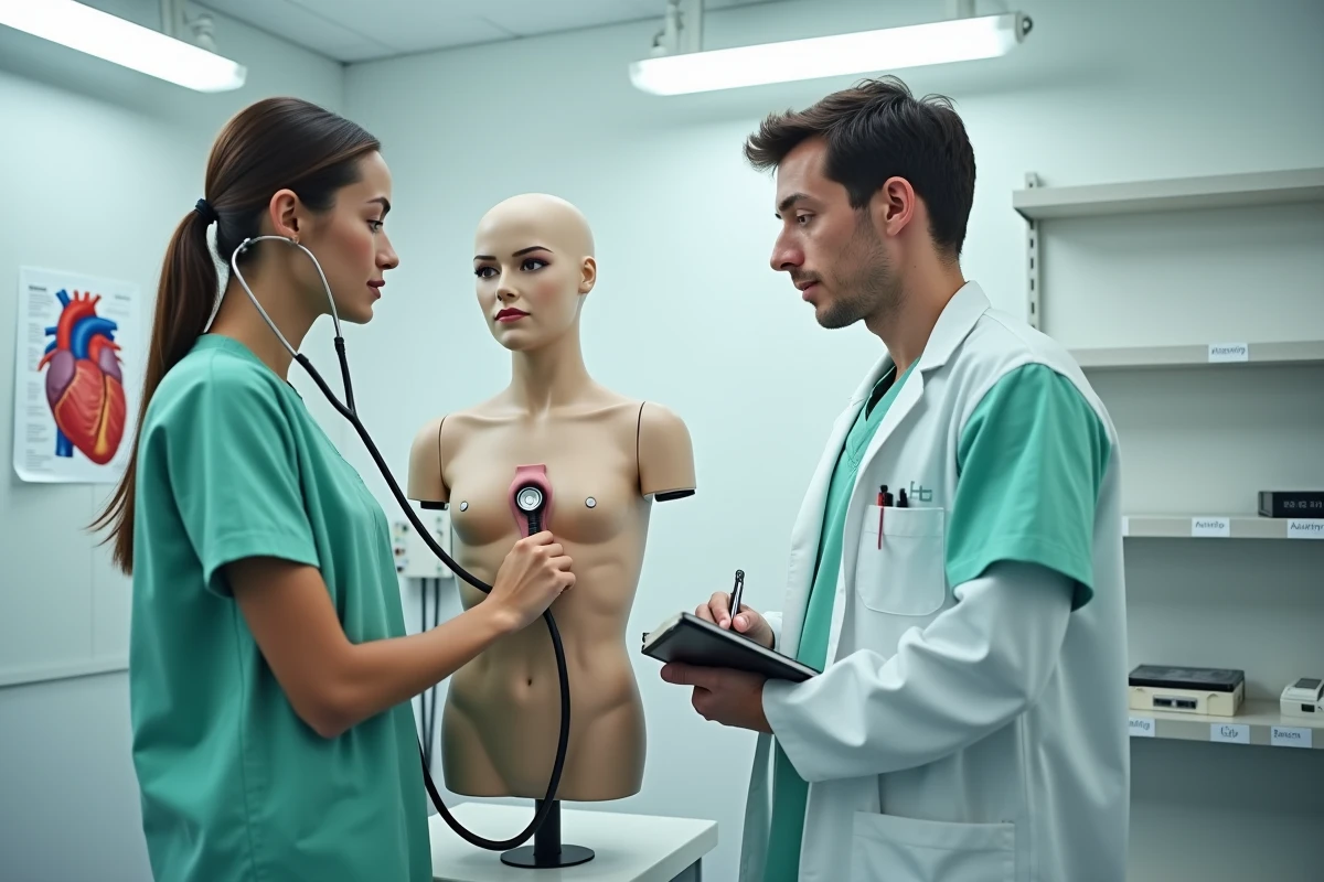 Deux internes en cardiologie pratiquant l'auscultation des foyers cardiaques sur mannequin de simulation médicale