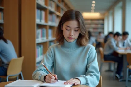 Jeune femme concentrée à la bibliothèque universitaire