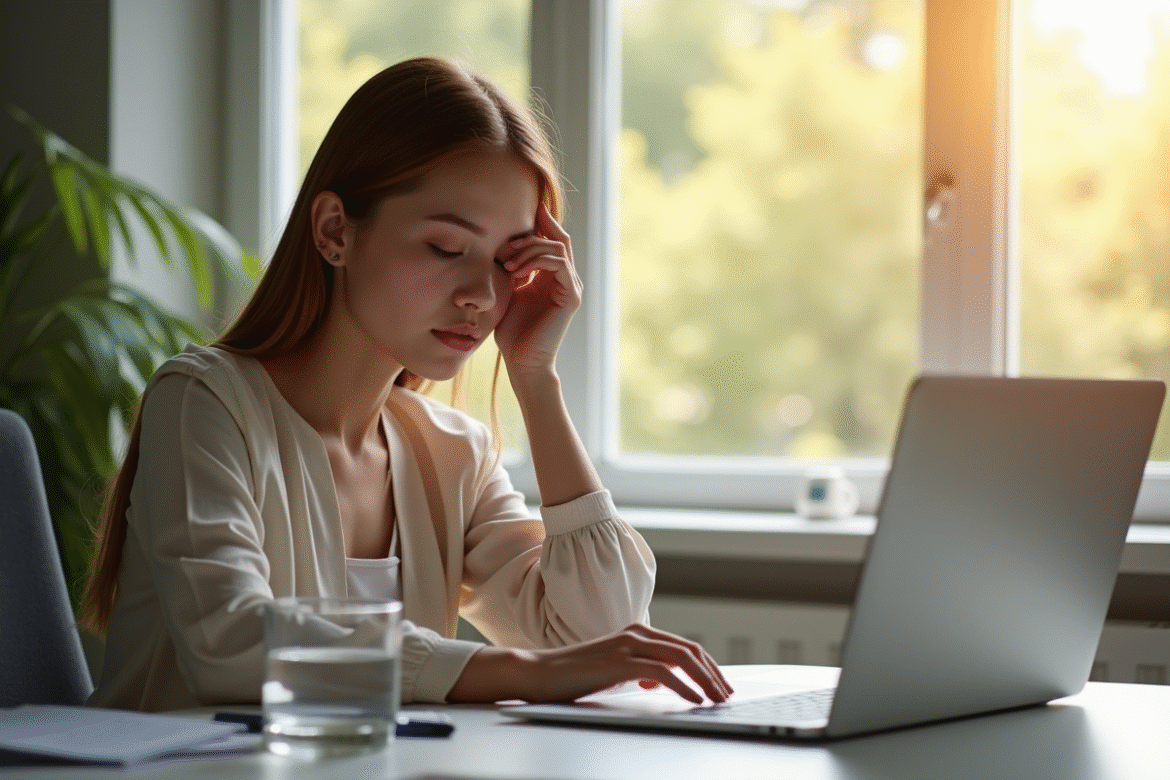 Jeune femme au bureau se reposant à la lumière naturelle