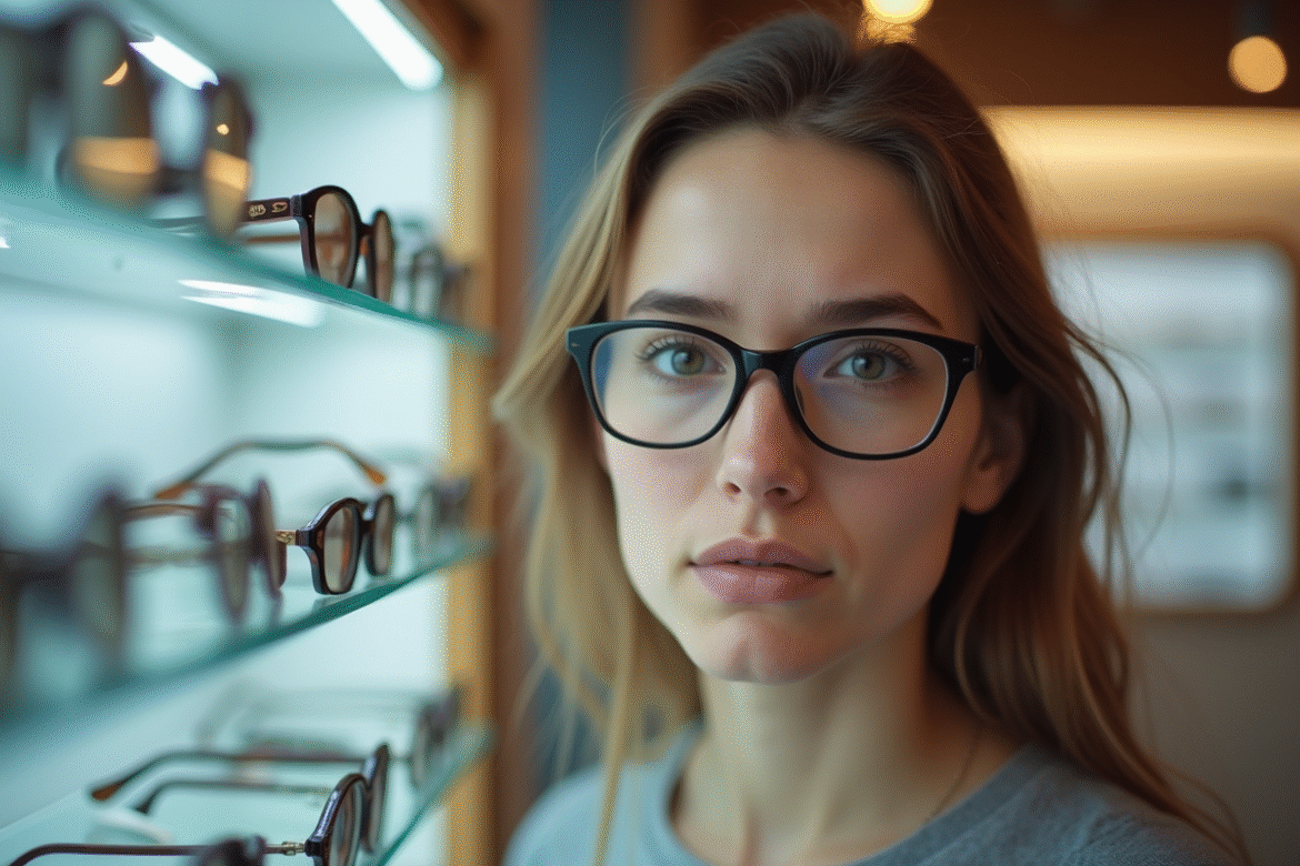 Jeune femme hésitant entre plusieurs lunettes opticien