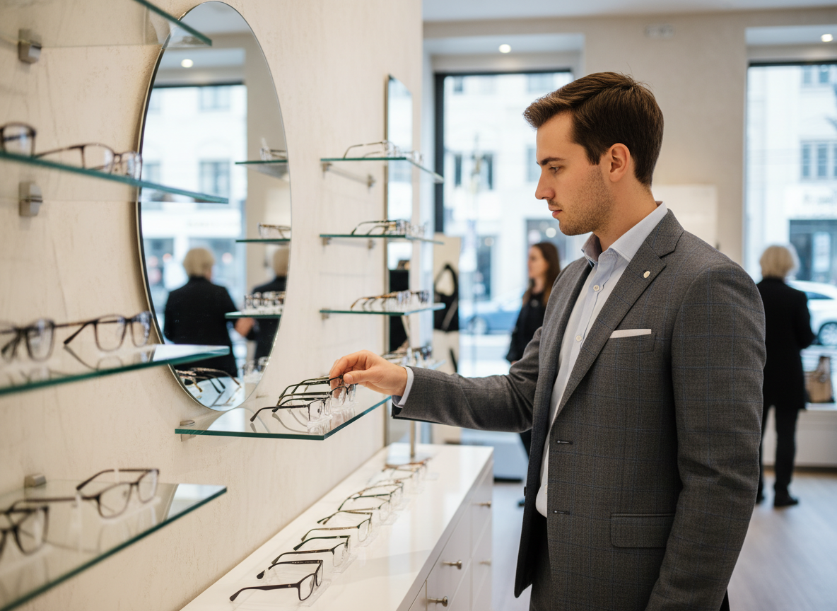 Jeune homme choisissant des lunettes dans une boutique optique
