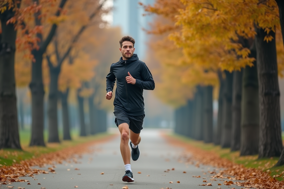 Jeune homme courant dans un parc urbain en automne