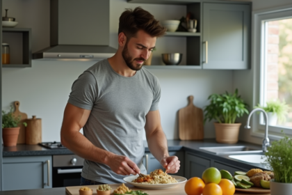 Jeune homme en cuisine préparant un repas équilibré