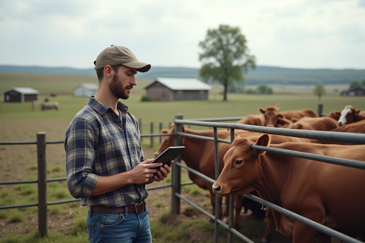 Jeune homme en extérieur vérifiant des données animales avec une tablette