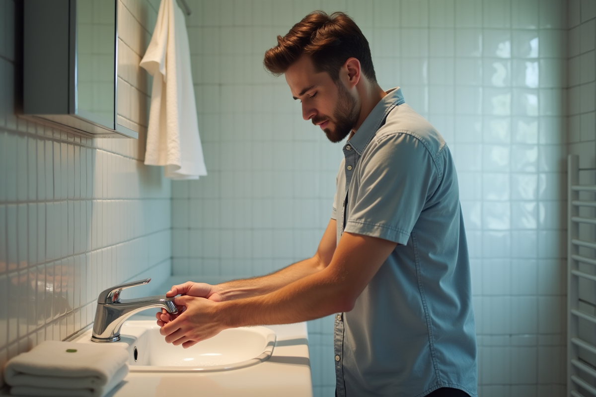 Jeune homme se lavant les mains avec psoriasis visible sur la main