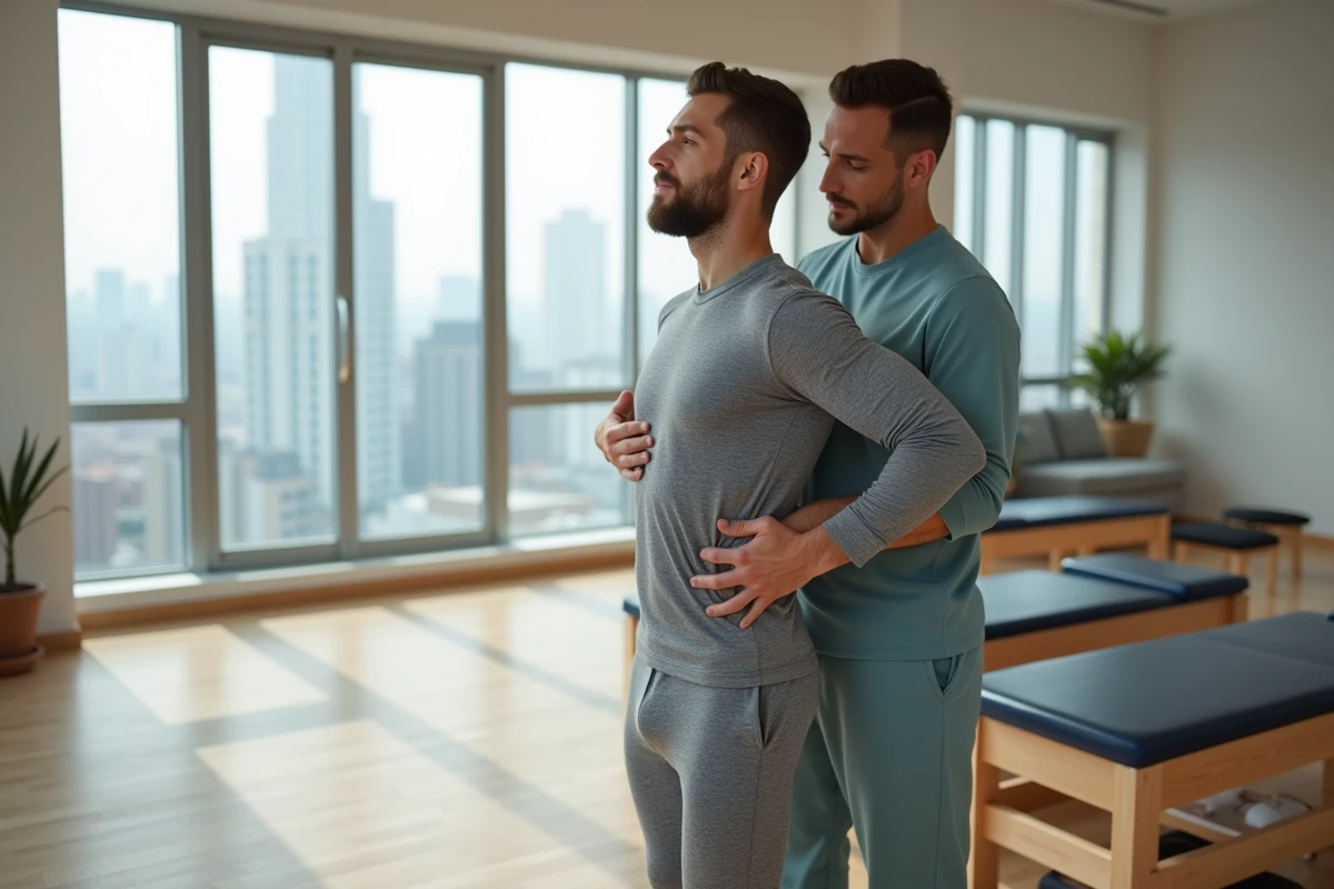 Jeune homme en rééducation avec un thérapeute pour le dos