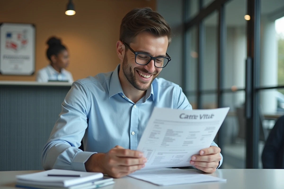 Jeune homme vérifiant un formulaire de carte vitale dans un bureau