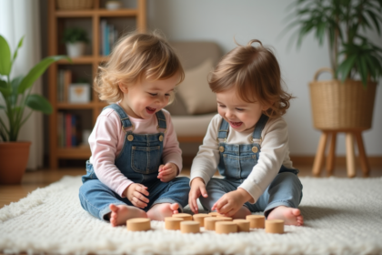 Jumeaux enfants de deux ans jouant avec des jouets en bois dans un salon chaleureux