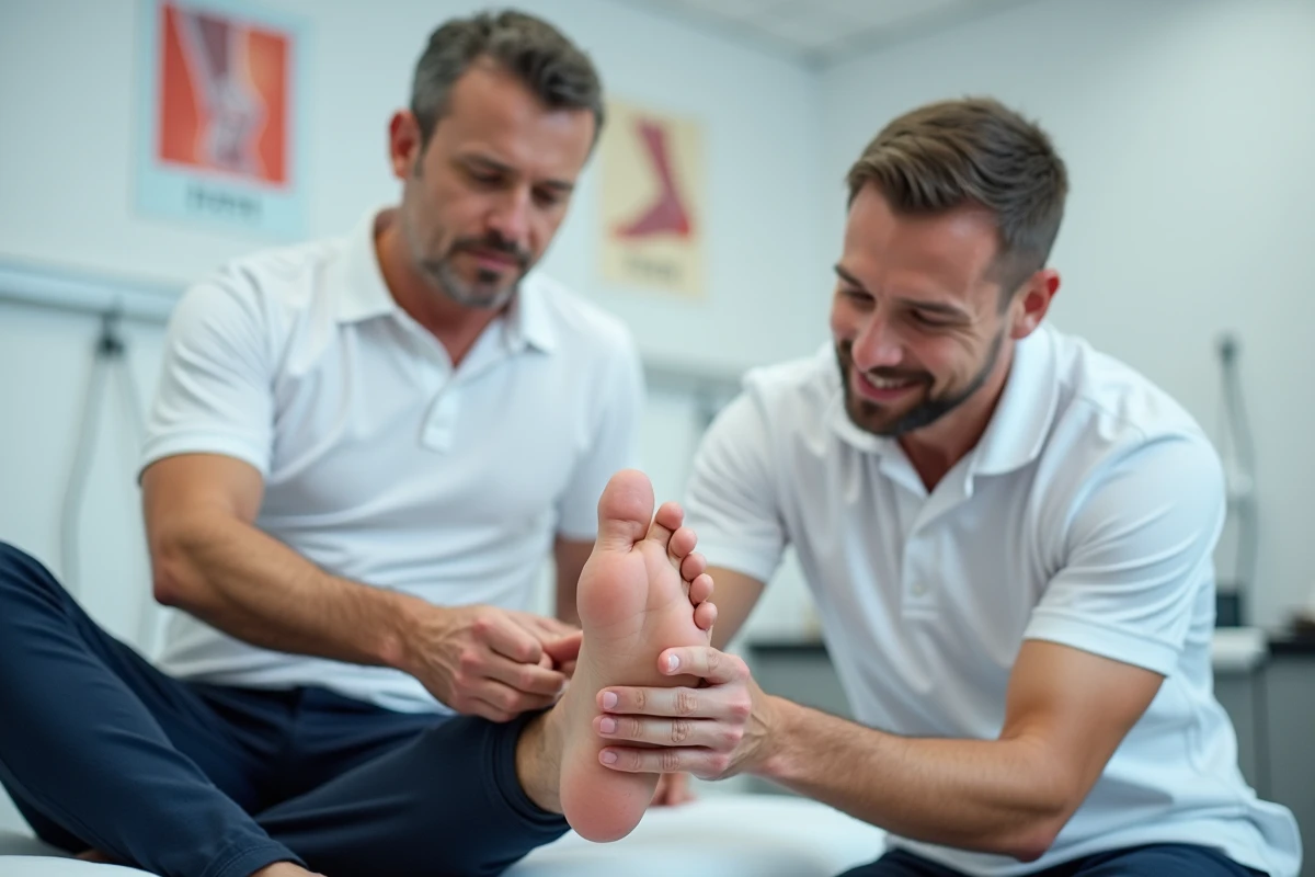 Kinésithérapeute examinant le talon d'un patient pour diagnostiquer une épine calcanéenne en cabinet de rééducation