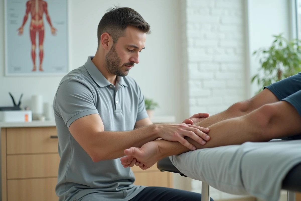 Kinésithérapeute effectuant un traitement manuel sur le genou d'un patient souffrant de tendinopathie de la patte d'oie en cabinet médical