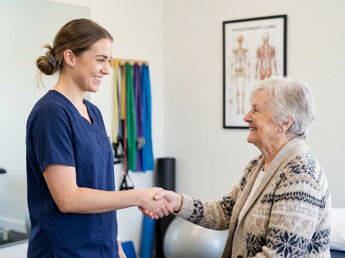 Kinésithérapeute souriante serre la main d
