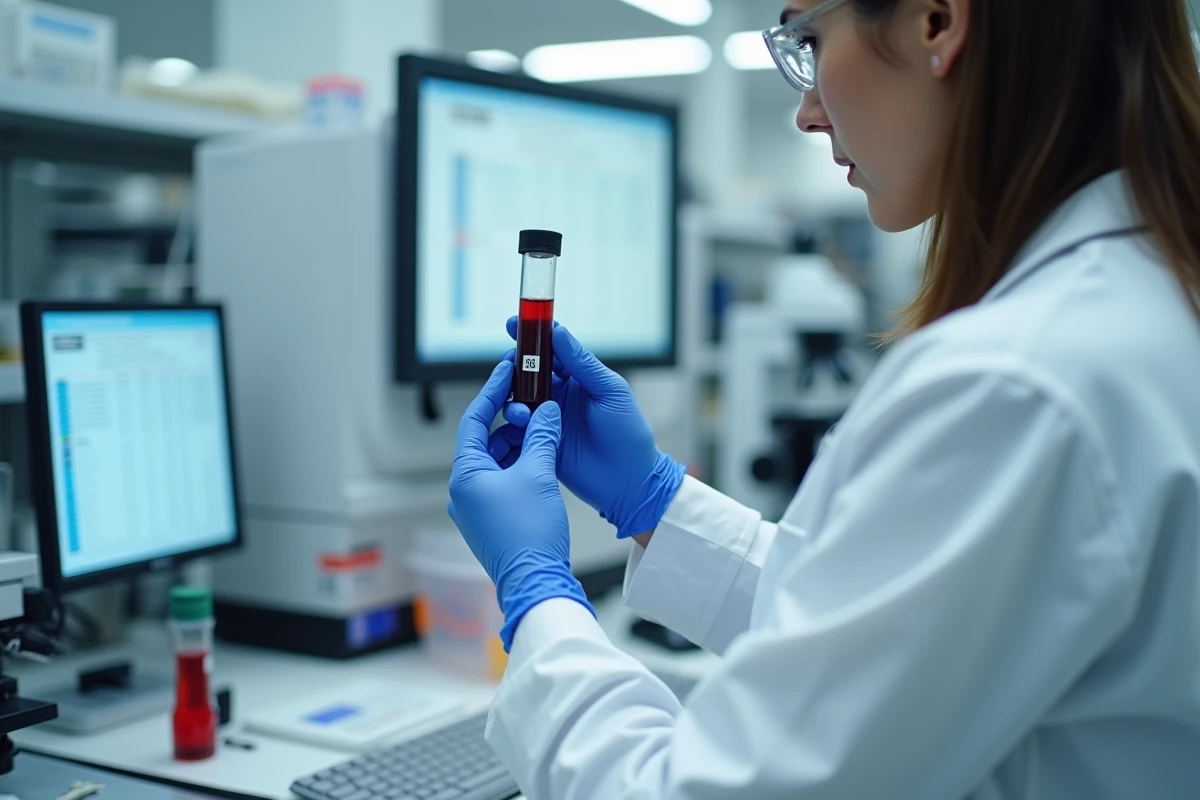 Technicien de laboratoire analysant un tube de sang pour un bilan hématologique incluant le volume globulaire moyen chez un patient senior