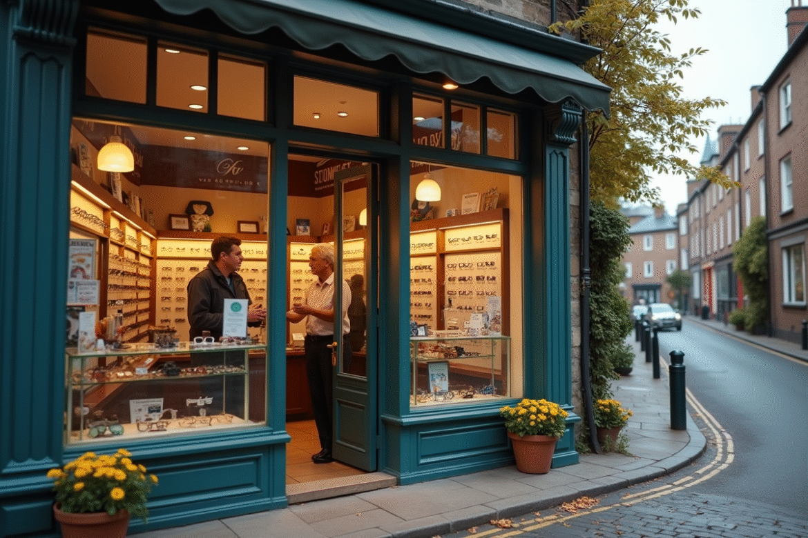 Magasin d'optique charmant en petite ville avec vitres grandes et opticien aidant un client âgé