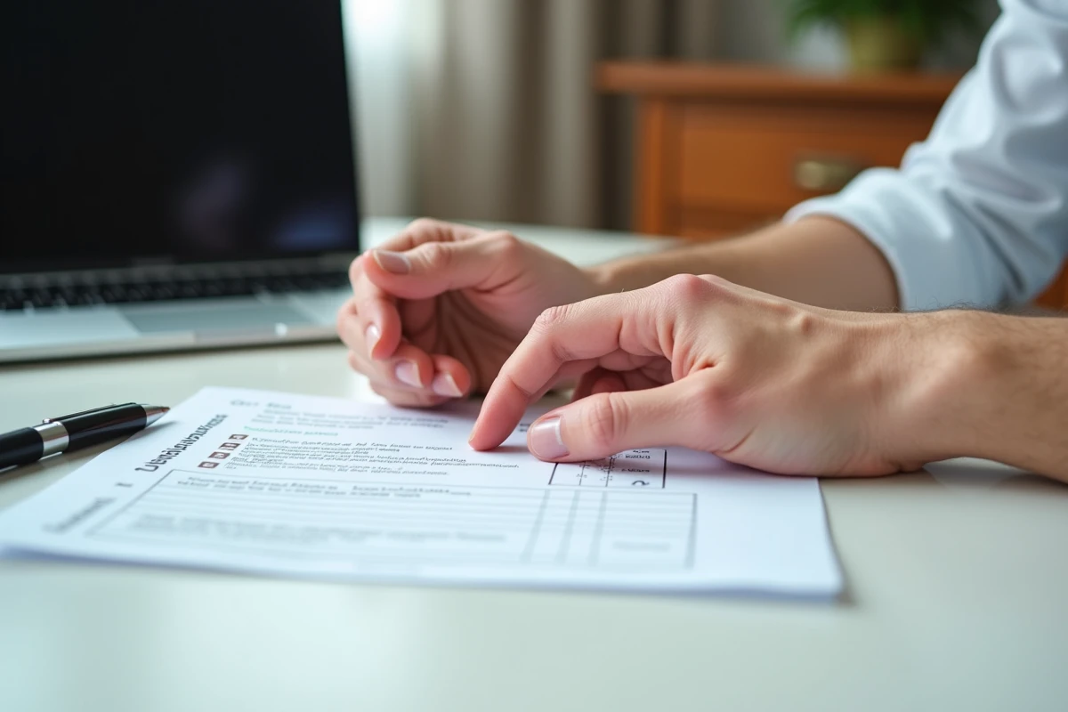 Gros plan sur une main douloureuse et un formulaire administratif pour demande d'invalidité algodystrophie