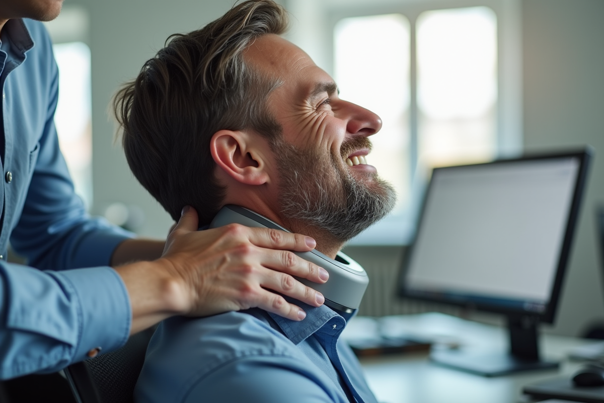 Mains plaçant un masseur cervical sur un homme au bureau