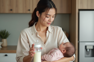 Jeune maman préparant un biberon de lait naturel pour son bébé