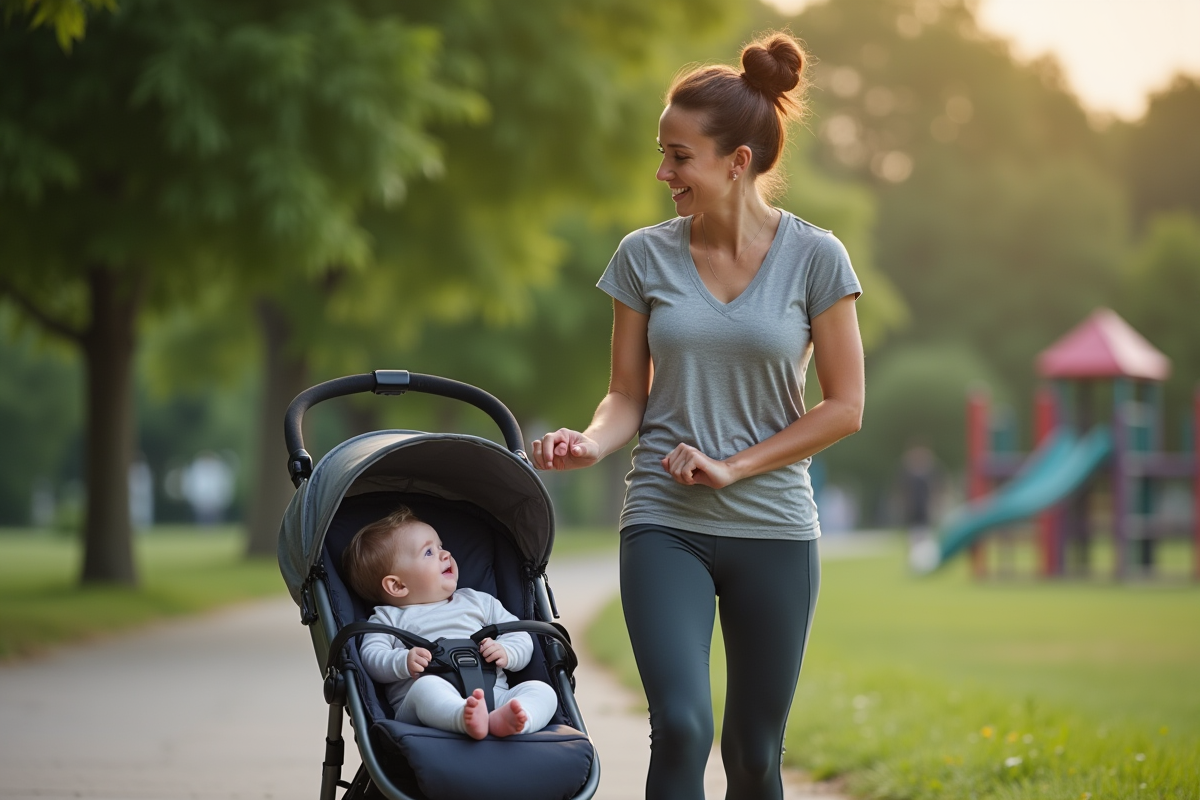Maman marchant avec son bébé dans un parc calme et verdoyant