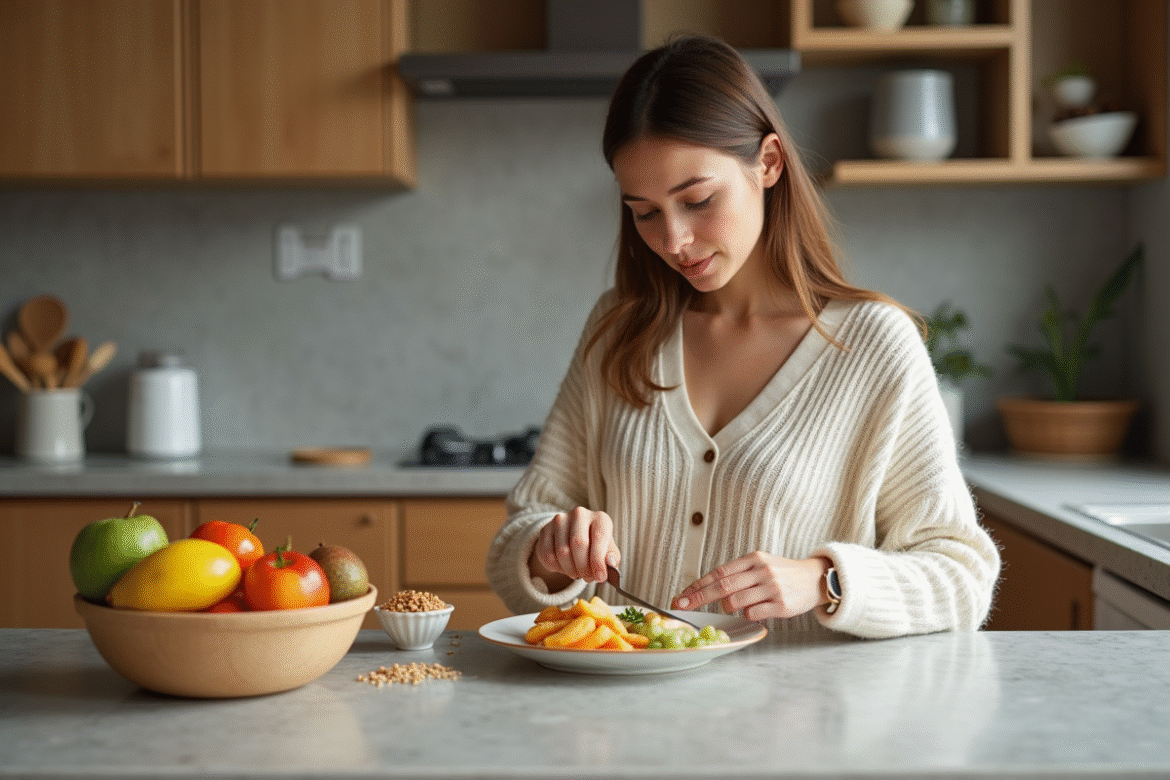 Jeune maman préparant un plat de fruits frais à la cuisine
