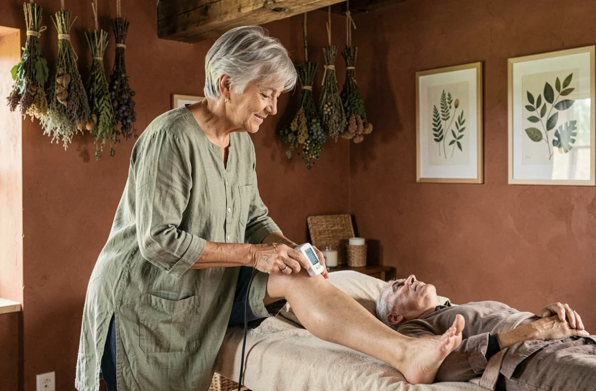 Praticienne en luxopuncture et acupuncture infrarouge soignant le genou d'un patient dans un studio bien-être à Oberhoffen-sur-Moder