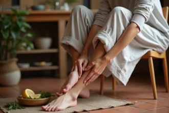 Femme d'âge mûr massant sa jambe gonflée avec un remède de grand-mère dans une cuisine rustique