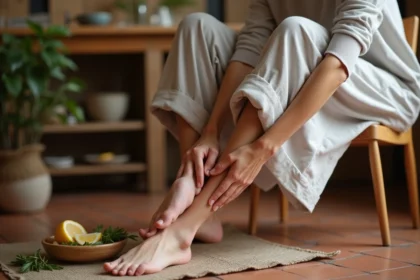 Femme d'âge mûr massant sa jambe gonflée avec un remède de grand-mère dans une cuisine rustique