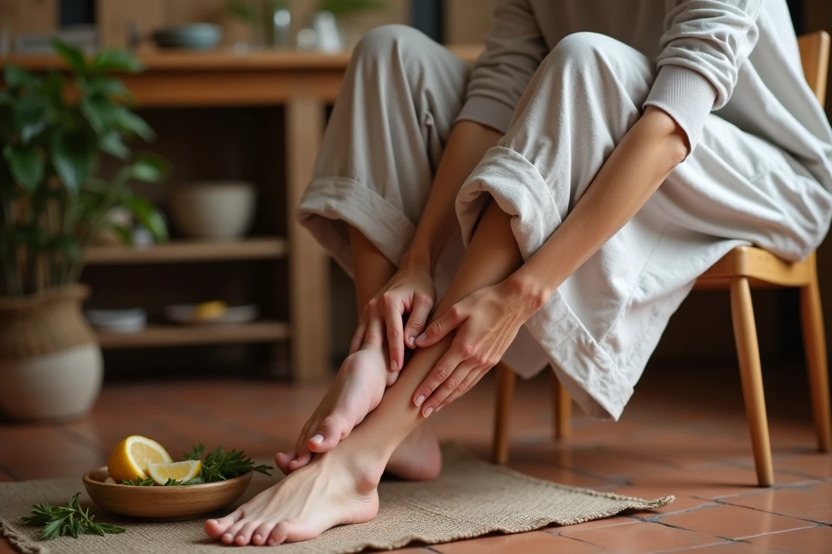 Femme d'âge mûr massant sa jambe gonflée avec un remède de grand-mère dans une cuisine rustique