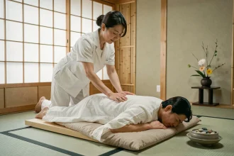 Masseuse japonaise en tenue blanche pratiquant un massage shiatsu dans un salon zen de Kyoto avec tatami et shoji