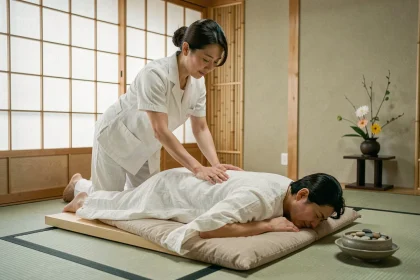Masseuse japonaise en tenue blanche pratiquant un massage shiatsu dans un salon zen de Kyoto avec tatami et shoji