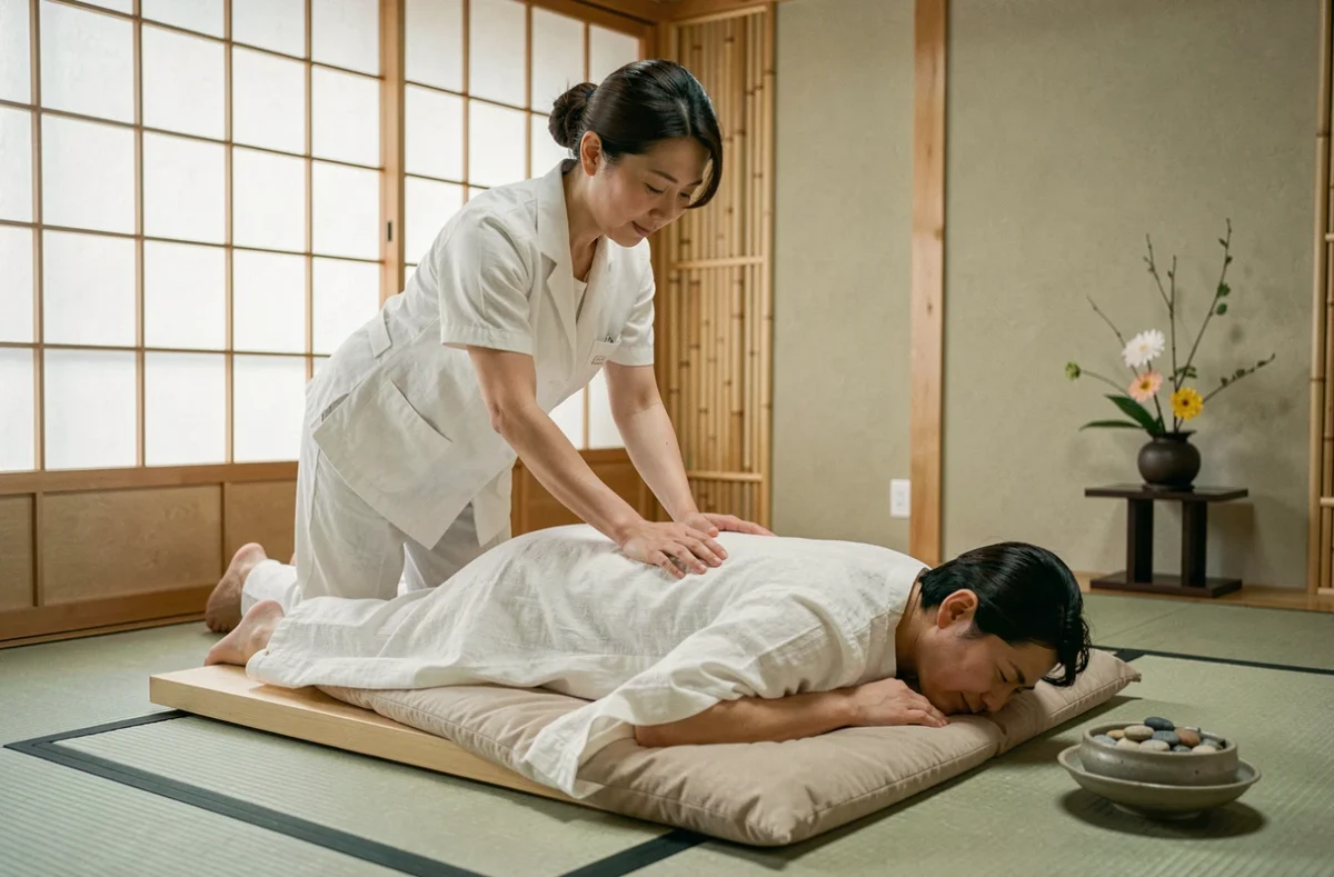 Masseuse japonaise en tenue blanche pratiquant un massage shiatsu dans un salon zen de Kyoto avec tatami et shoji