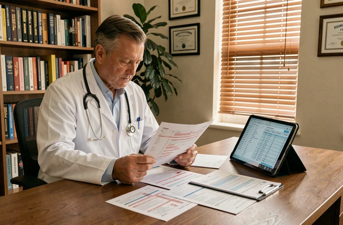 Médecin senior analysant des résultats d'analyses sanguines avec bilan TCMH élevé dans son cabinet médical