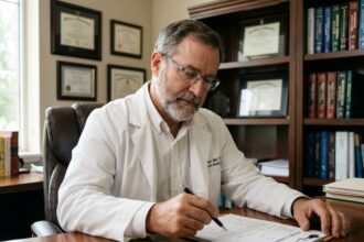 Médecin en blanc examine un formulaire de consentement