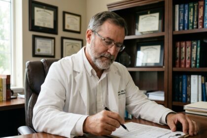 Médecin en blanc examine un formulaire de consentement