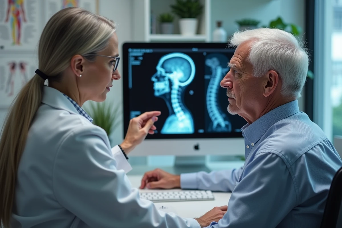 Médecin radiologue expliquant un MRI à un patient