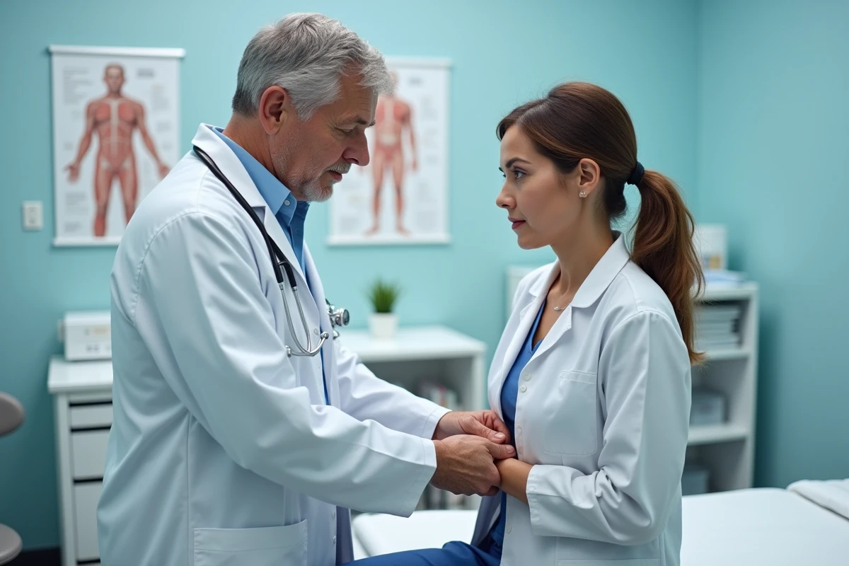 Médecin examinant l'aisselle gauche d'une patiente en cabinet médical pour diagnostiquer une douleur chronique