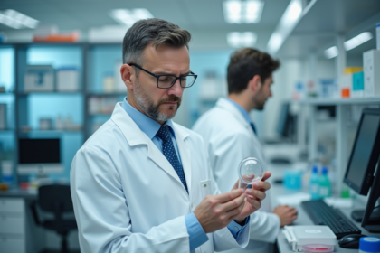 Medecin en laboratoire examinant une coupelle