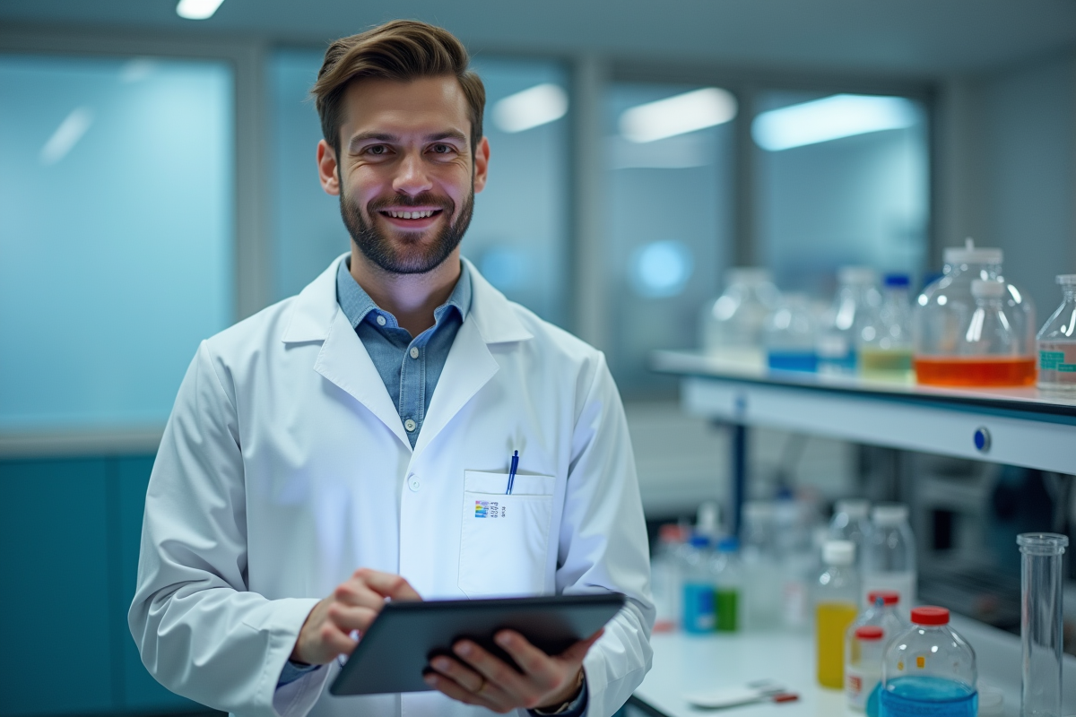 Jeune médecin en blouse avec tablette dans un laboratoire moderne