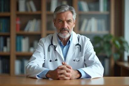Médecin assis à son bureau dans un cabinet médical, les mains jointes, avec une expression de réflexion sérieuse évoquant la sensibilité d'un diagnostic médical délicat
