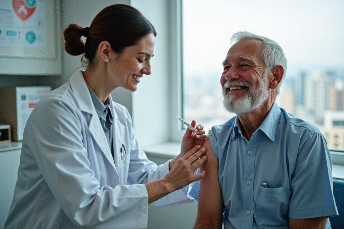 Medecin en blanc vaccine un senior souriant en clinique