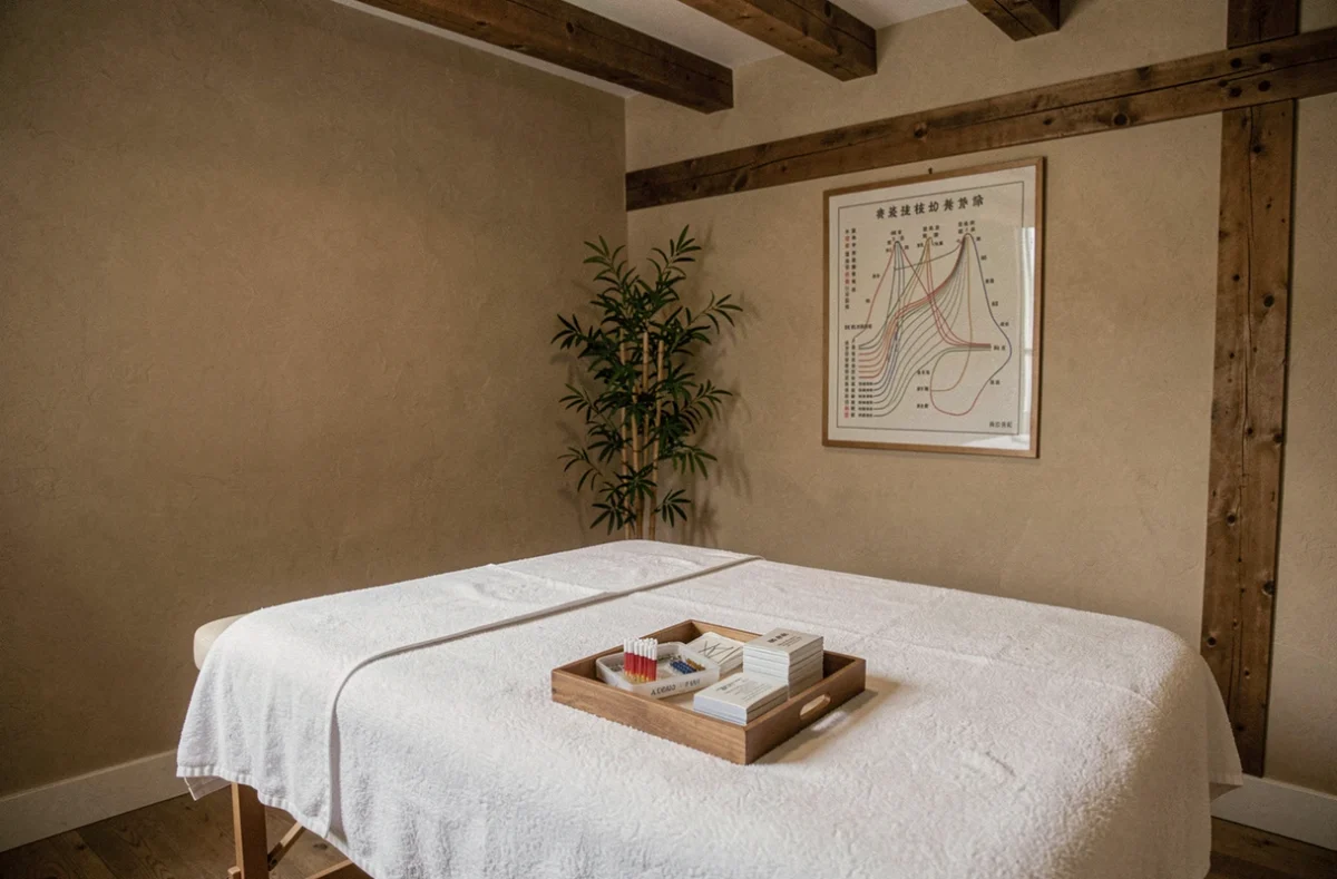 Salle de soins d'acupuncture dans le Grand Est avec table de traitement, aiguilles stériles et graphiques de méridiens traditionnels chinois